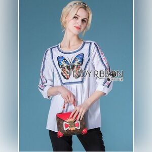 NWT Japanese Embroidered Cotton Tunic/dress Jeweled Butterfly XL White Pockets